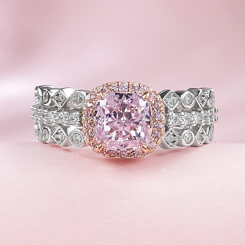 MIKAMU Jewelry High Carbon Diamond 6*6 Radiant Pink Diamond Ring for Women - Stylish and Versatile Everyday Gift
