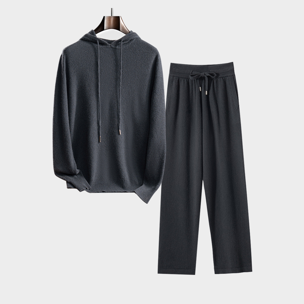 Men's Grey Hoodie Cashmere Sweater and Wide-Leg Pants Set | Casual Outfit REAL SILK LIFE