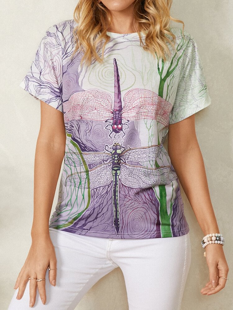 Dragonfly Print Short Sleeve O neck Casual T Shirt For Women P1812901
