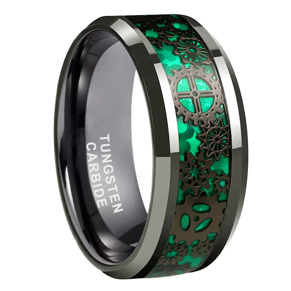 6MM 8MM Women's or Men's Tungsten Carbide Wedding Gear Rings Black with Mechanical Gear Green Carbon Fiber