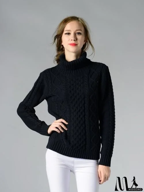 Cable-Knit Turtleneck Long Sleeve Sweater