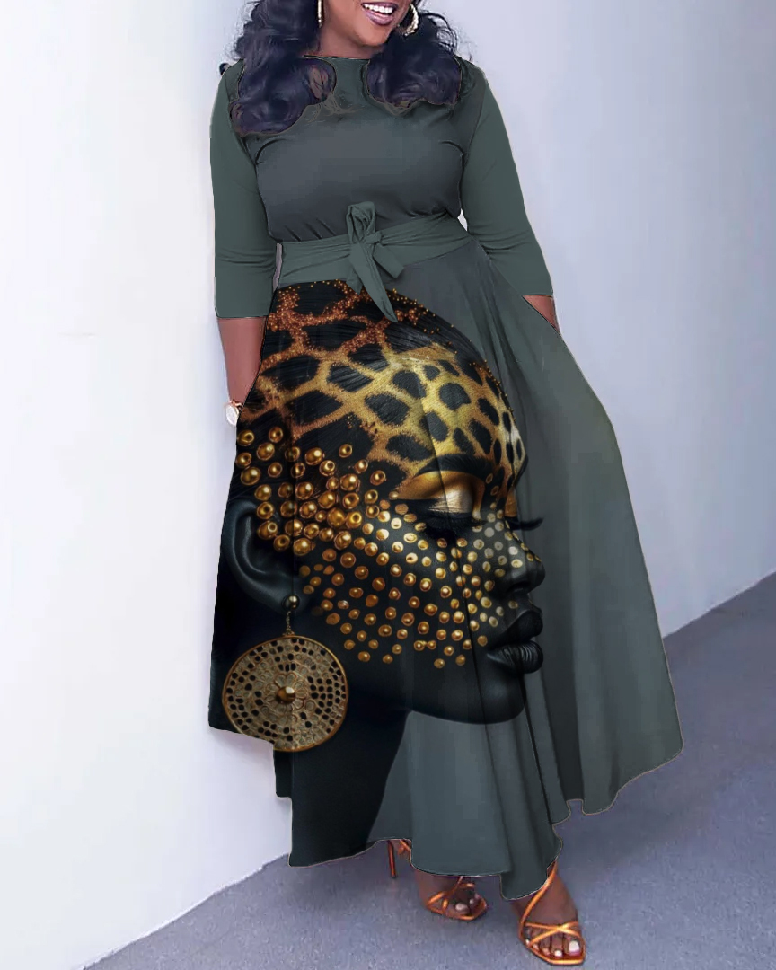 Leopard Women's Art Print Long Sleeve Pockets Maxi Dress