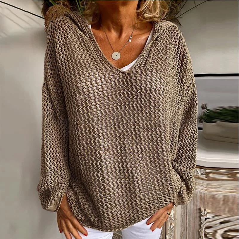 Brownm Outer Wear Knitted Pullover Hooded Sun-proof Top Thin Loose Sweater