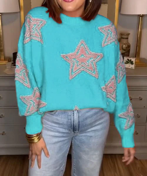 TOMATO RED AND TURQUOISE STAR KNIT SWEATER