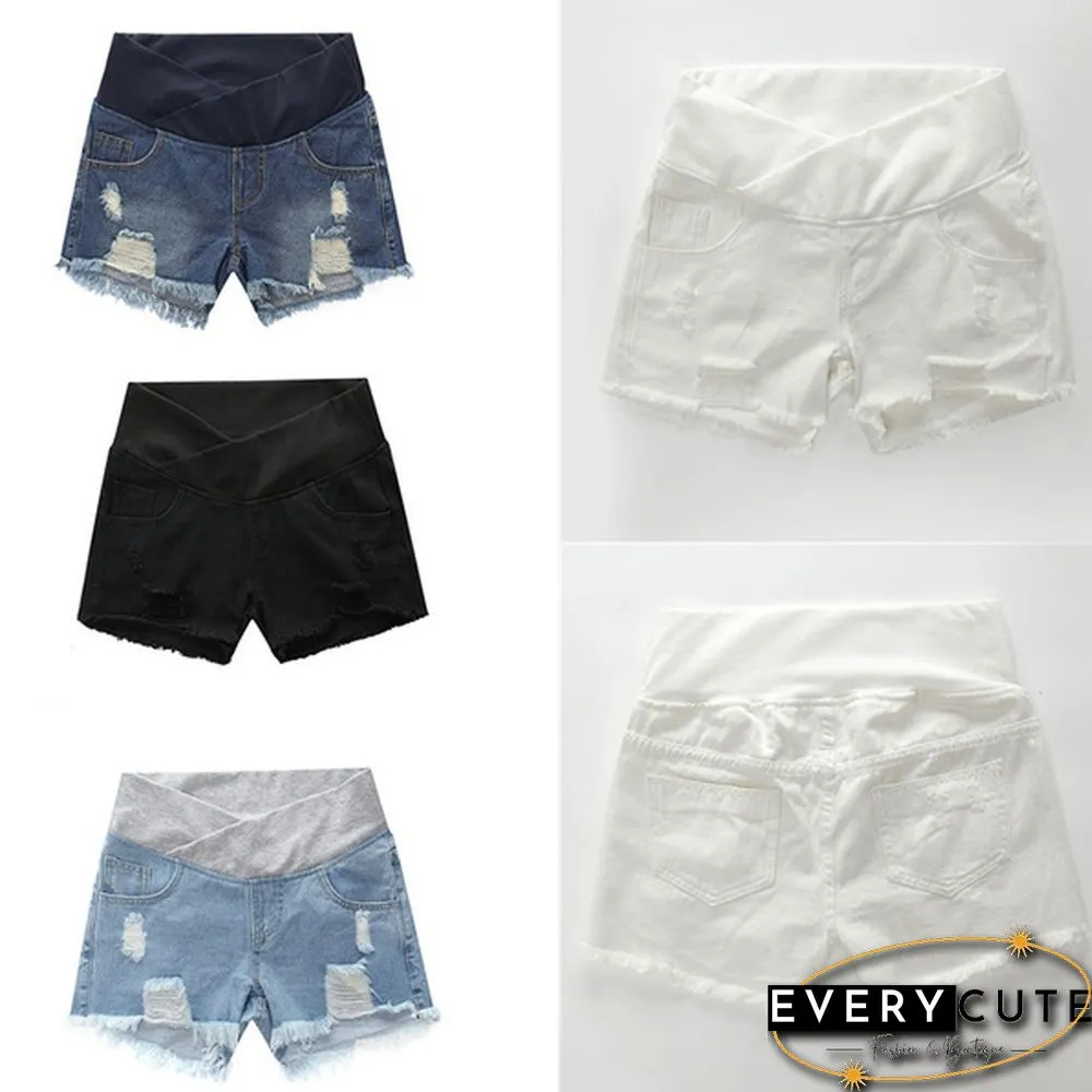 Pregnant Women's Ripped Hole Loose Denim Maternity Shorts Summer Casual Belly Clothes