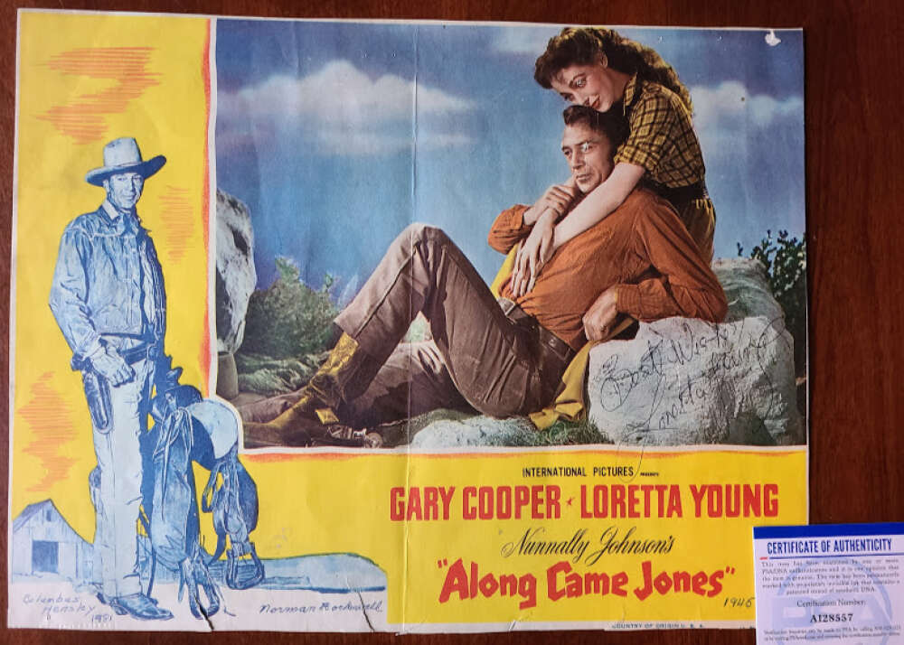 Loretta Young PSA DNA Signed Along Came Jones Lobby Card 11x14 Photo Poster painting Autograph