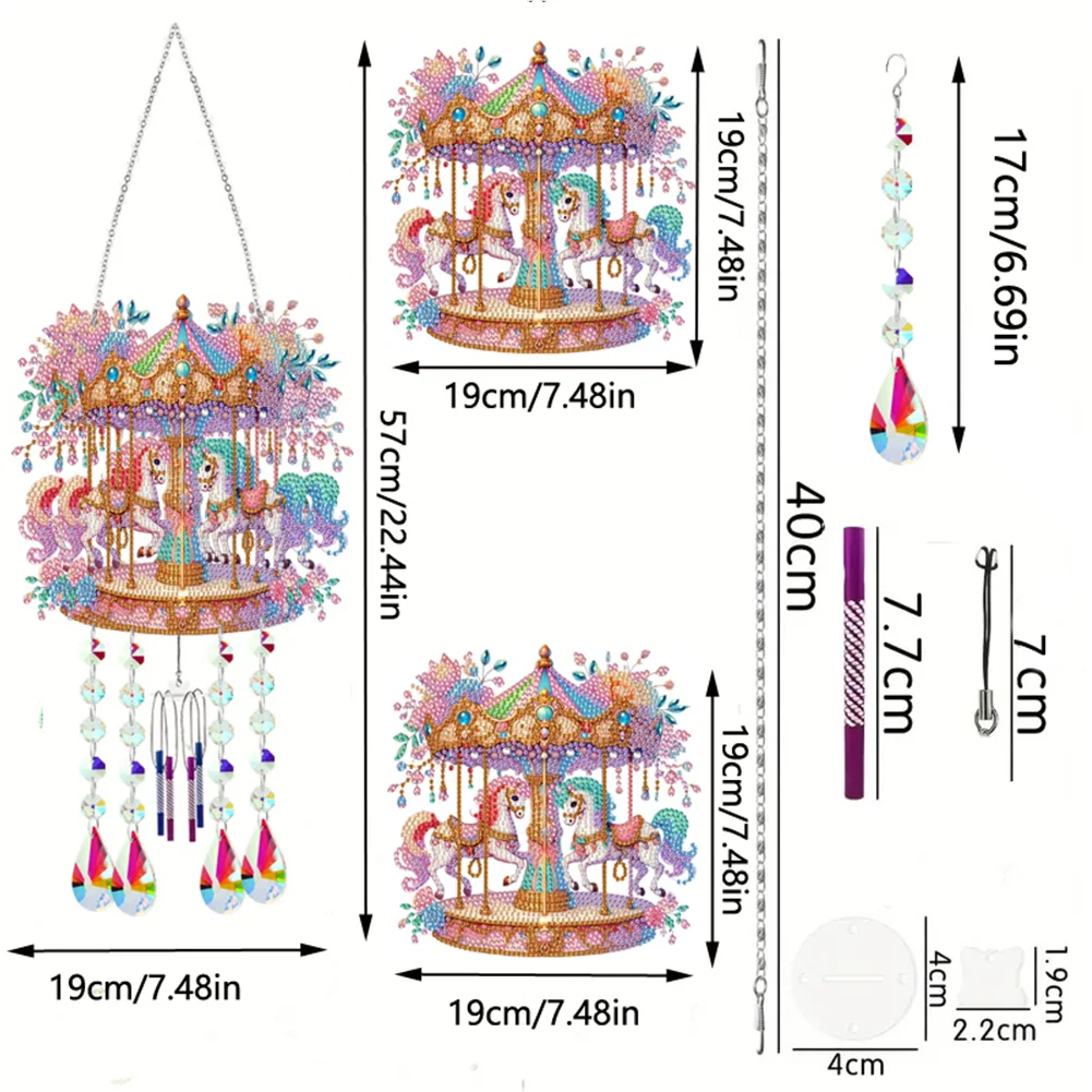 Double Sided Merry-Go-Round 5D DIY Crystal Rhinestone Wind Bell for Wall Decor