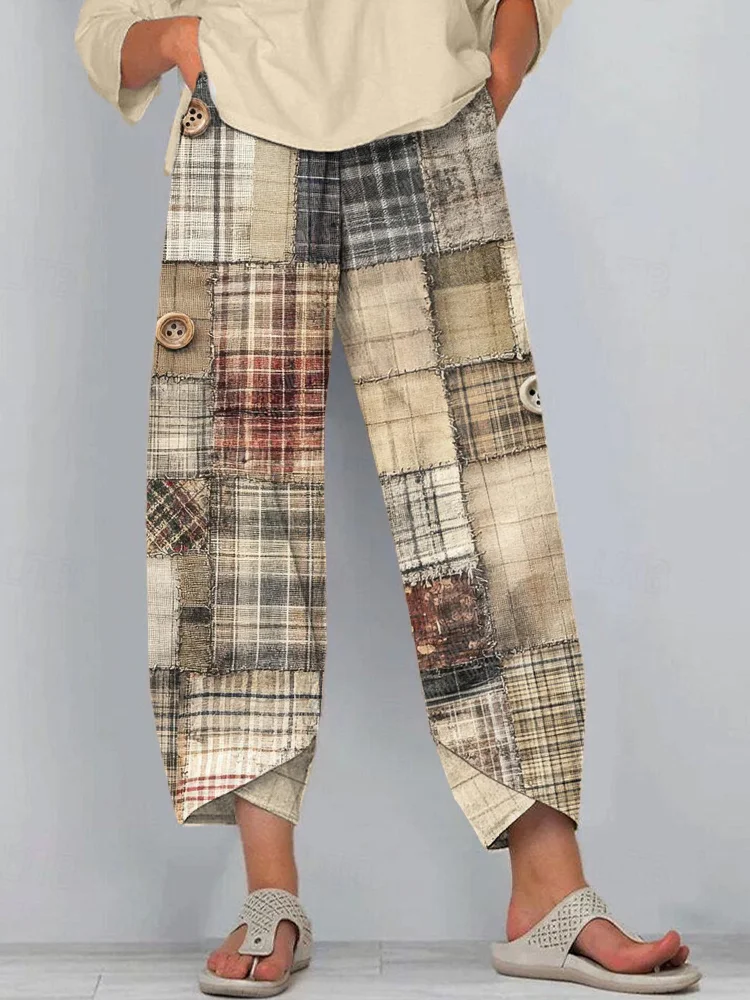 Vintage Plaid Patchwork Art Linen Blend Pants