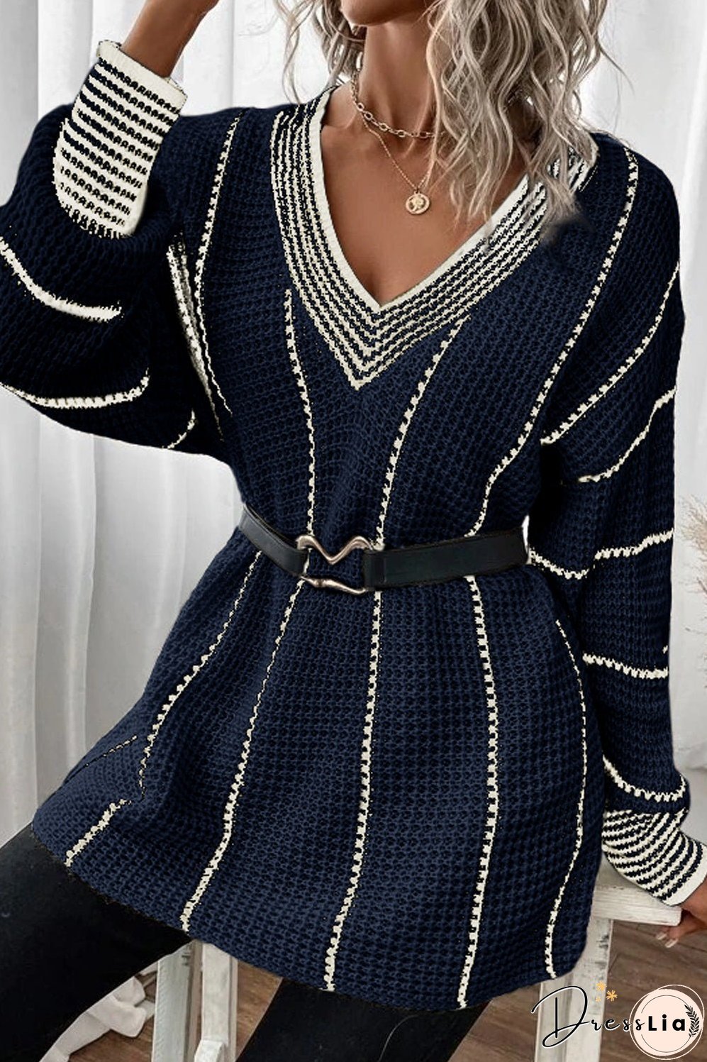 Striped V-Neck Dropped Shoulder Sweater