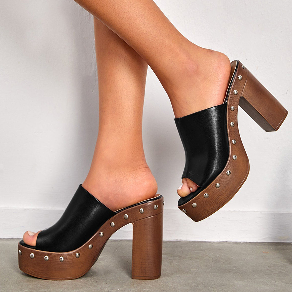 Black  Peep Toe Wide Band Studded Platform Mules With Chunky Heels Nicepairs