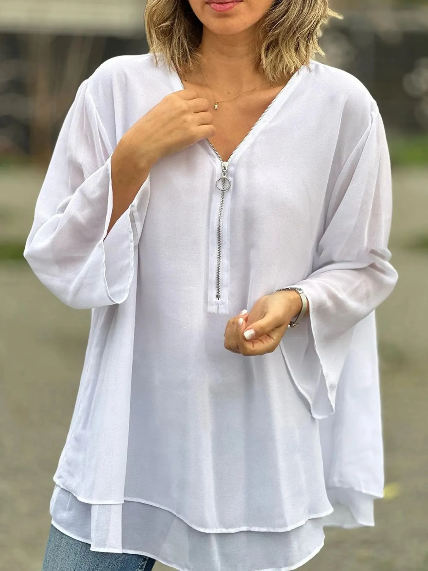 Women's Yellow Half Zip V Neck Blouse - Double Layer Chiffon 3/4 Sleeve Flowy Top