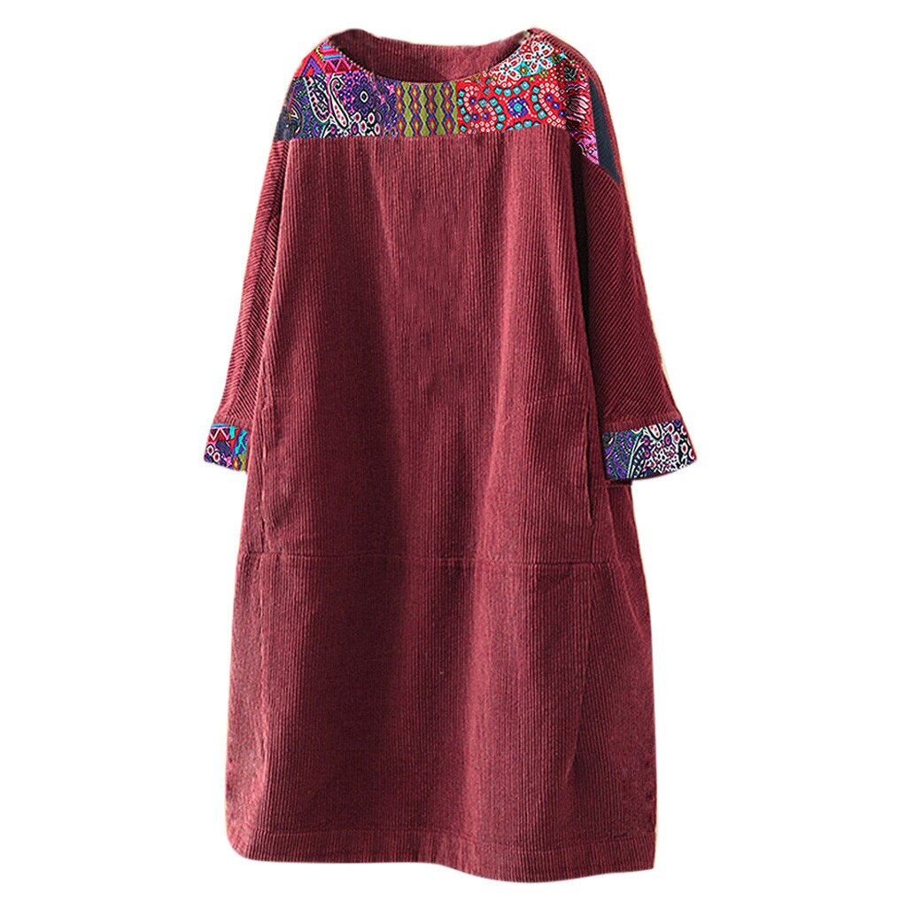 Women Vintage Corduroy Ethnic Print Patchwork Long Sleeve Pockets Loose Dress