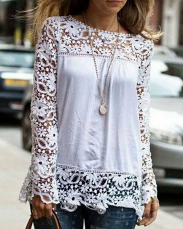 Chiffon Long Sleeve Solid Crew Neck Lace Blouse
