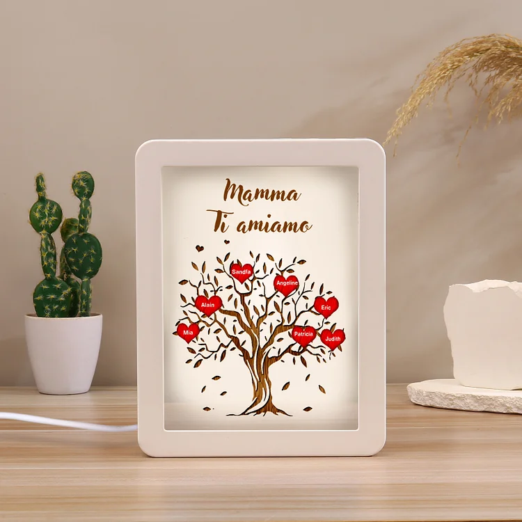 Cornice albero di cuore rosso con LED luce a tre colori 7 nomi e 1 testo personalizzati anche usati come specchio regalo per mamma/nonna