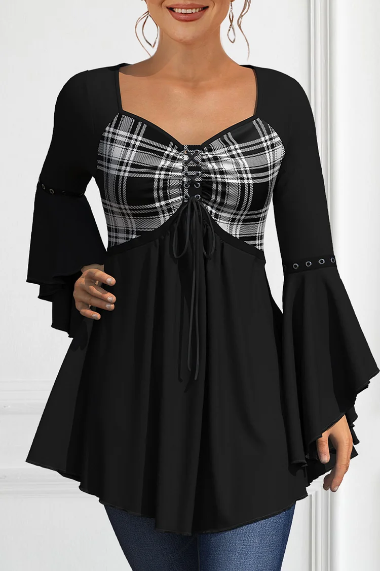 Flycurvy Plus Size Dressy Black Plaid Print Lace-Up Ruffleed Flare Sleeve Tunic Blouse