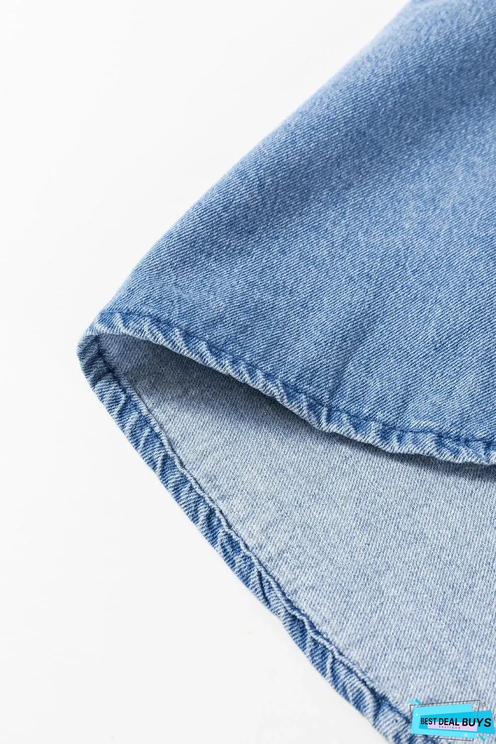 Sky Blue Frilled Raw Hem Half Buttoned Denim Top