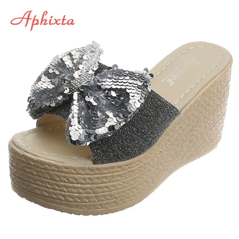 Aphixta 9cm Heels Slides Women's Shoes Woman Slippers Flip Flops Wedge Platform Shoes Woman Beach Slippers Zapatos Mujer