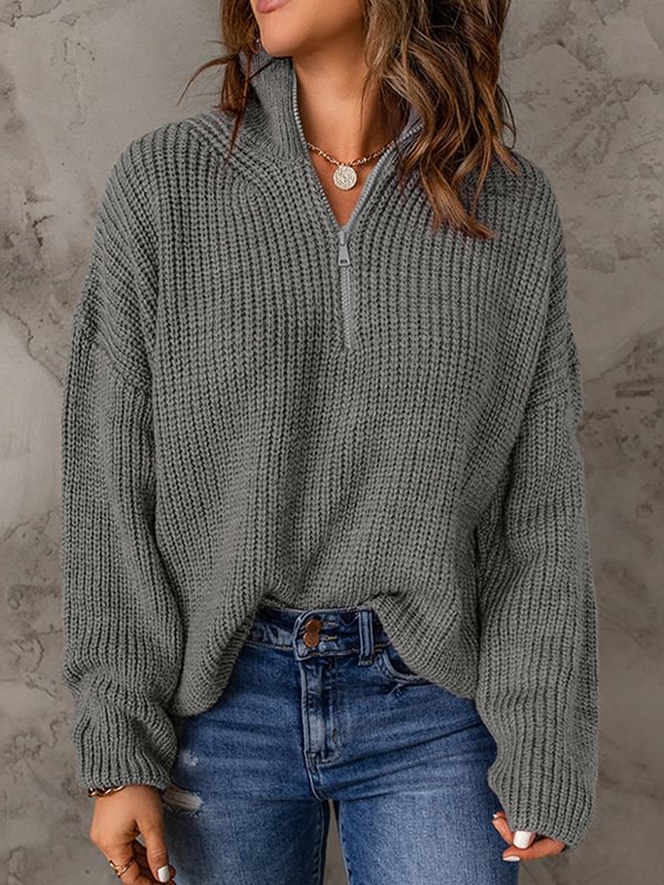 Solid Zipper Long Sleeve Sweater Sweatshirt