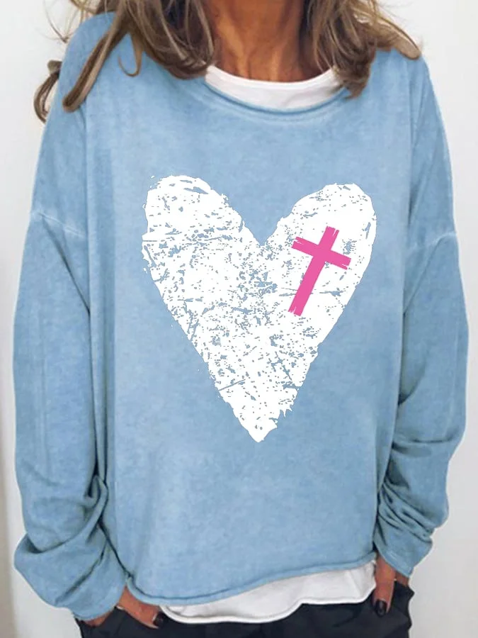 Women's Heart Pink Cross Print Long Sleeve T-Shirt socialshop
