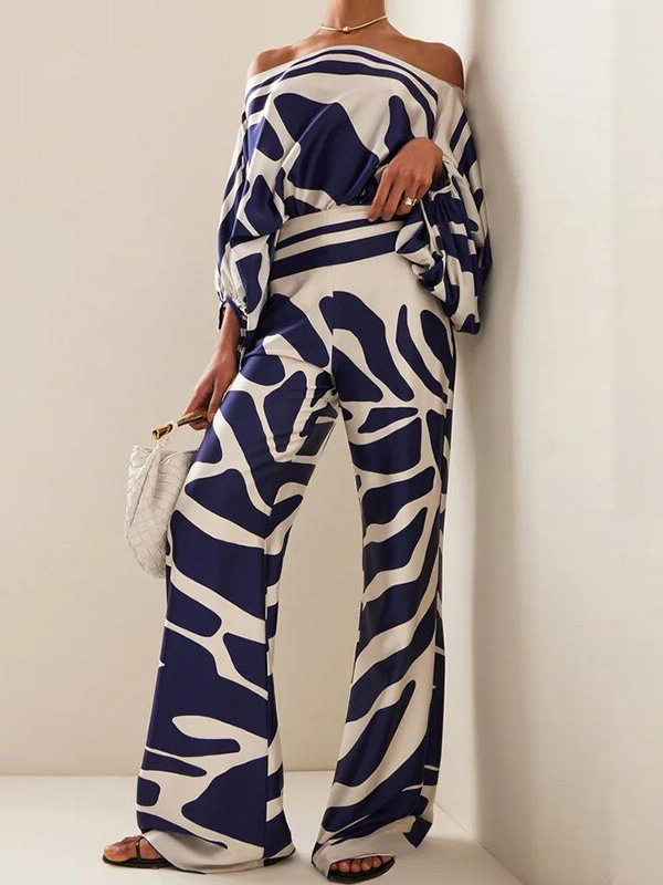 Print Asymmetric Off Shoulder Top & Wide Leg Pants Set