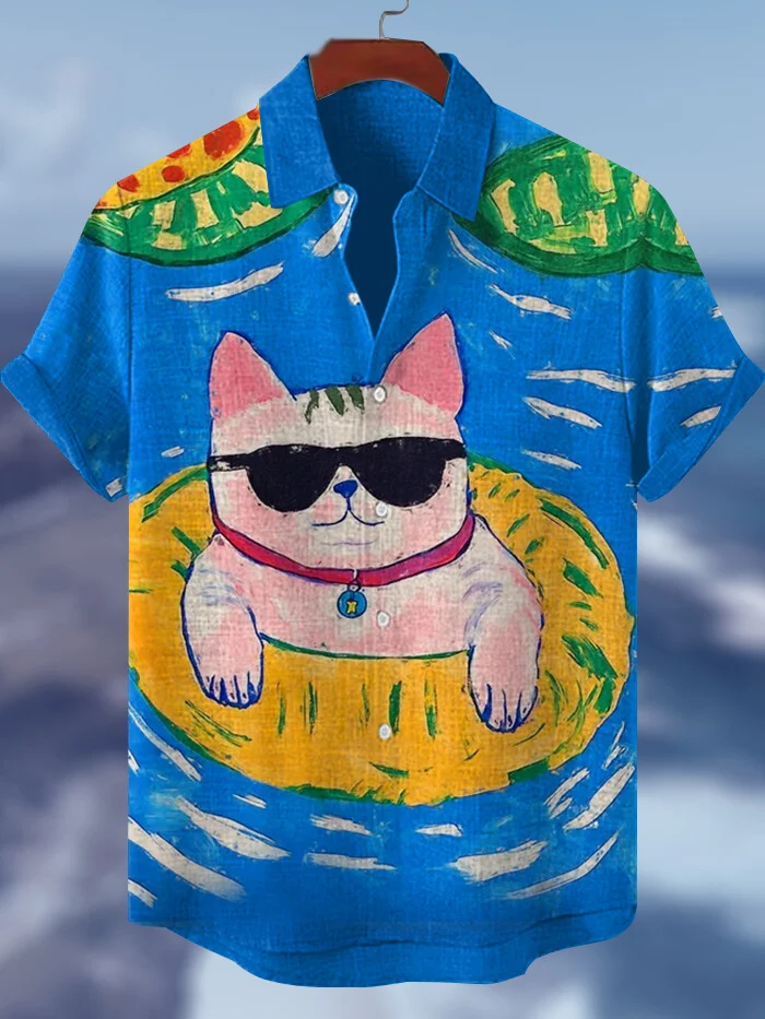 Men's Cat Swimming Pool Vacation Art Print Casual Shirt