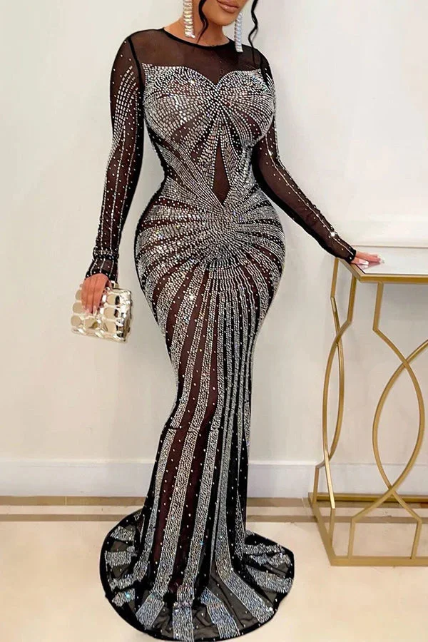 Sequined Party See-Through Maxi Dress