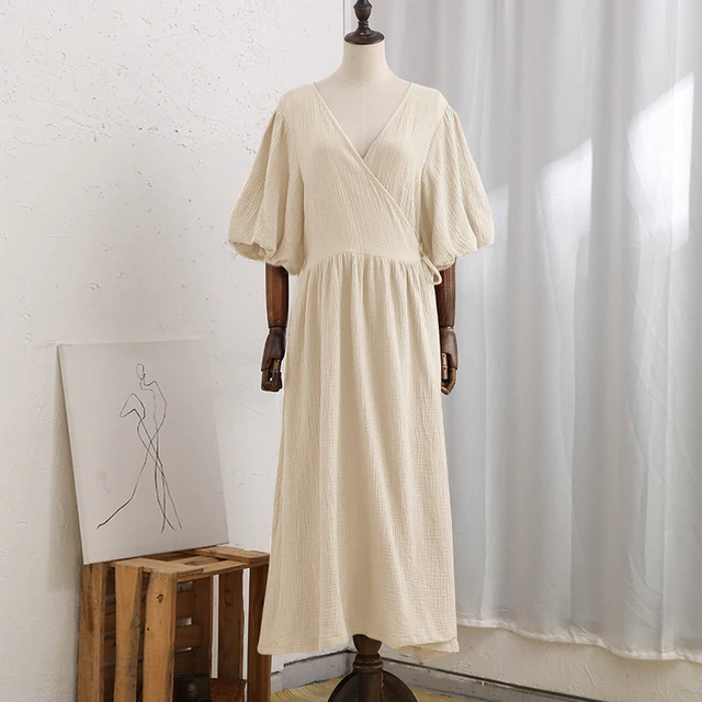 Tozwheels event dresses for women luxury Causal 100% Cotton Women's Dress Vintage Crepe Gauze V-Neck Puff Sleeve Bandage Lace Up Elegant White Dresses Long Maxi Robe