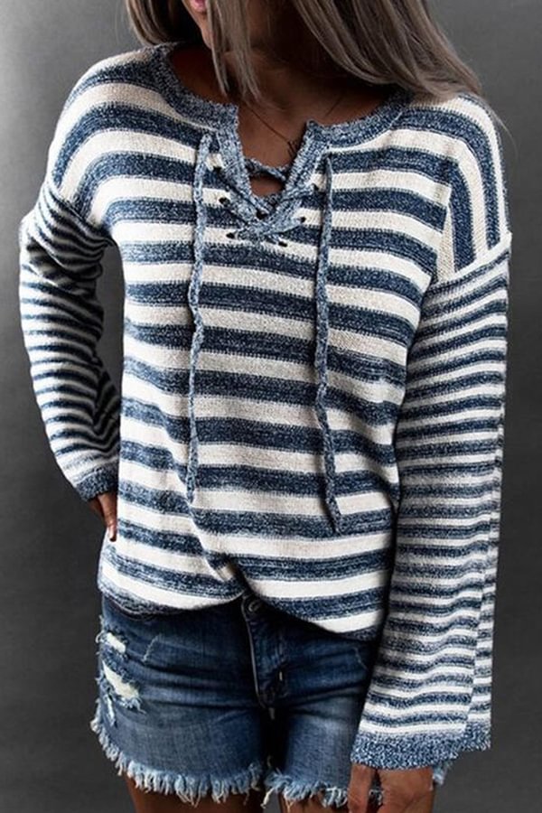 Irregular Striped Lacing Long Sleeve Casual Sweater