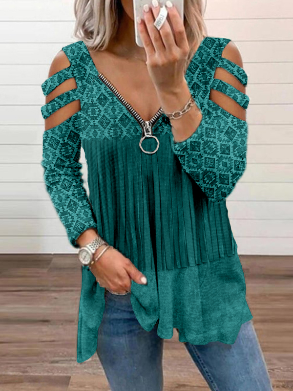  Vintage Western Aztec Tassel Art Hollow Shoulder T Shirt Westsshops