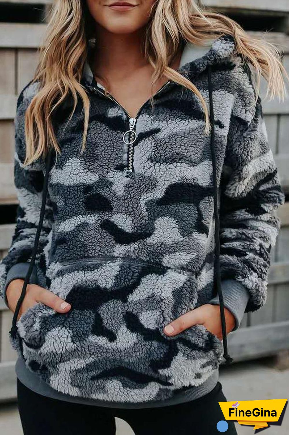 Half Zip Camo Sherpa Hooded Sweatshirt P12209