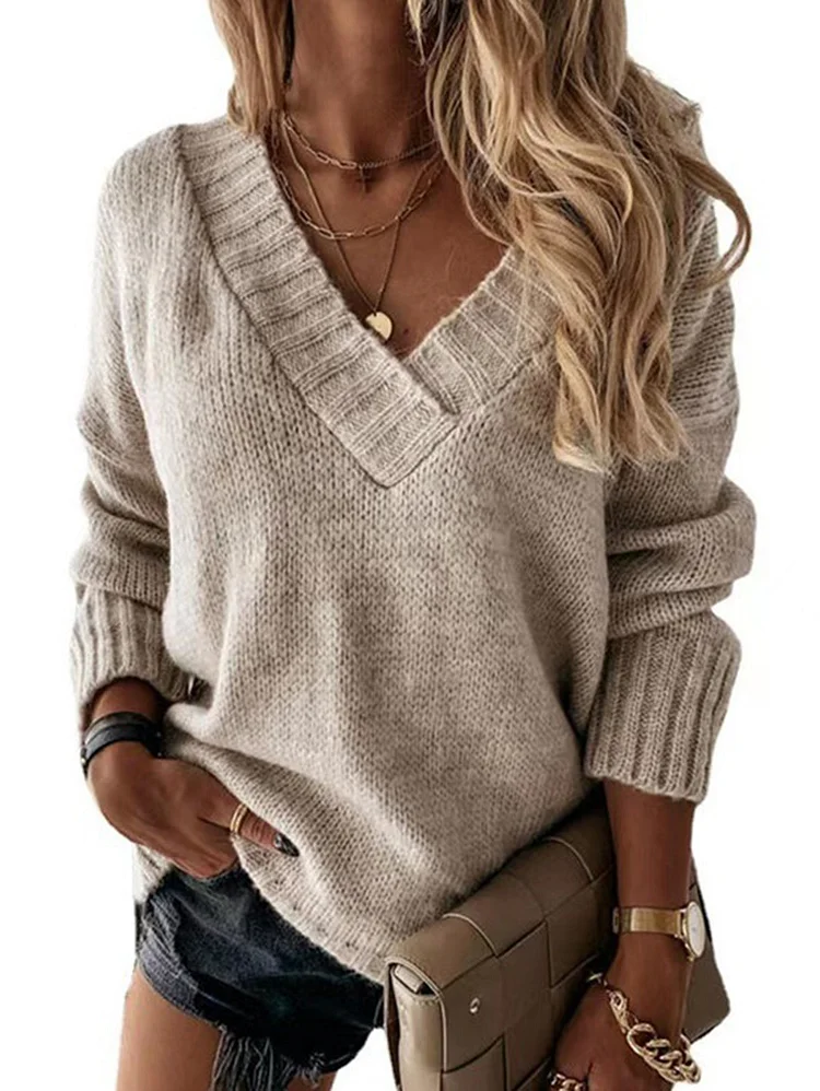 V Neck Knit Solid Casual Sweater
