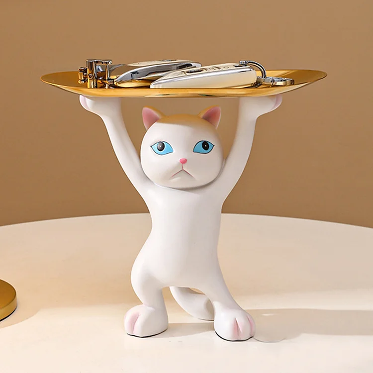 Resin Cat Tray Figurines Interior Entrance Key Desktop Candy Storage (White)