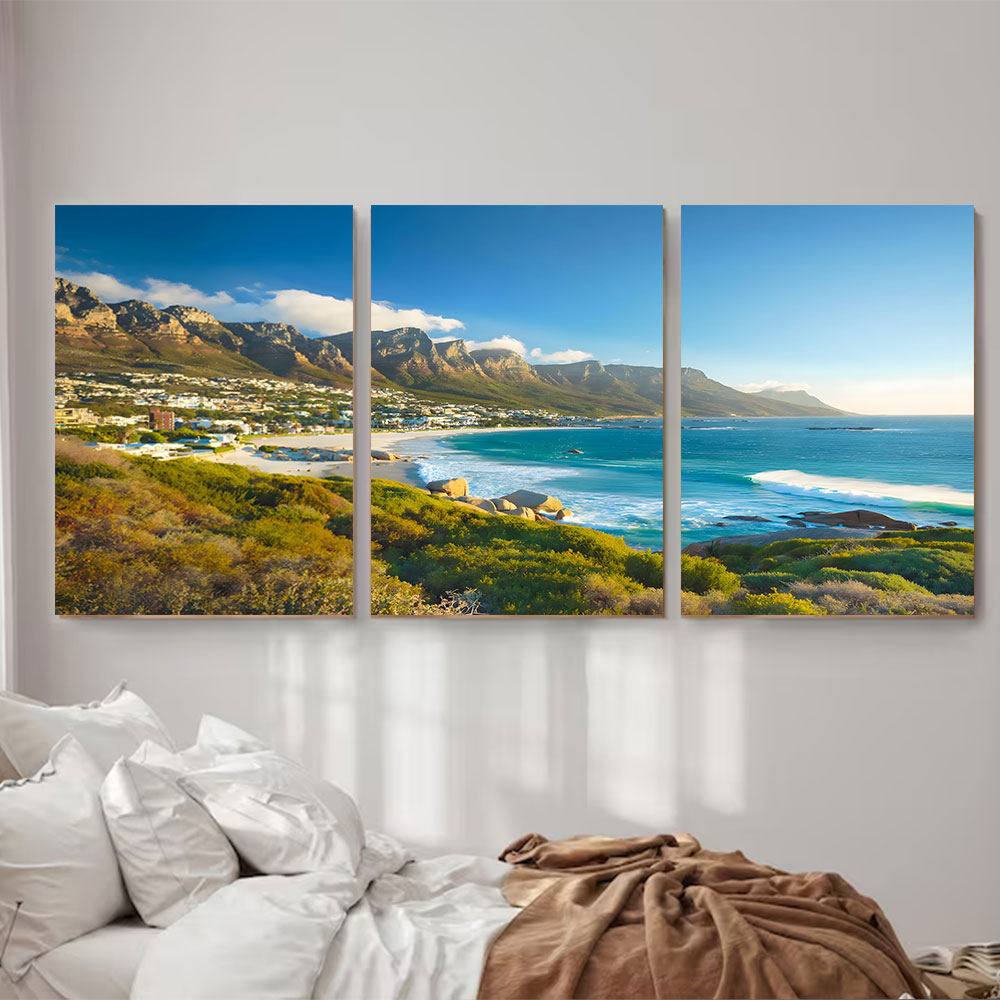 3-Piece Set Coastal Cliffs and Blue Bay View Canvas Art