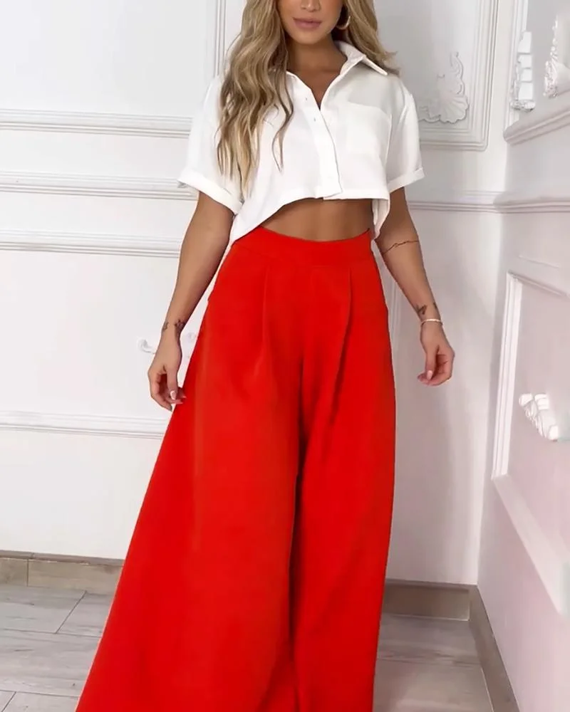Cropped Top & Casual Wide Leg Pants Two Piece Set
