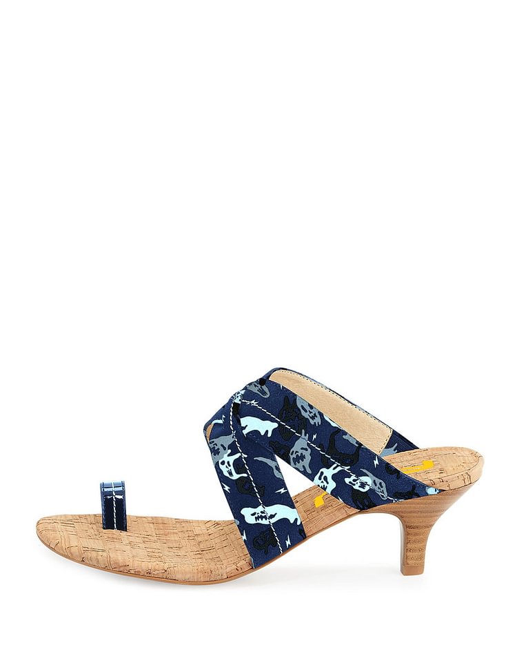 Navy Summer Sandals Kitten Heels for Holiday |FSJ Shoes
