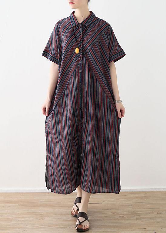 VCSHOES red blue striped cotton linen shirt dresses lapel collar summer Dress