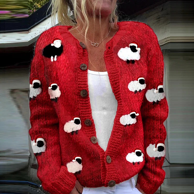 Vintage Christmas Sheep Cozy Casual Knitted Cardigan