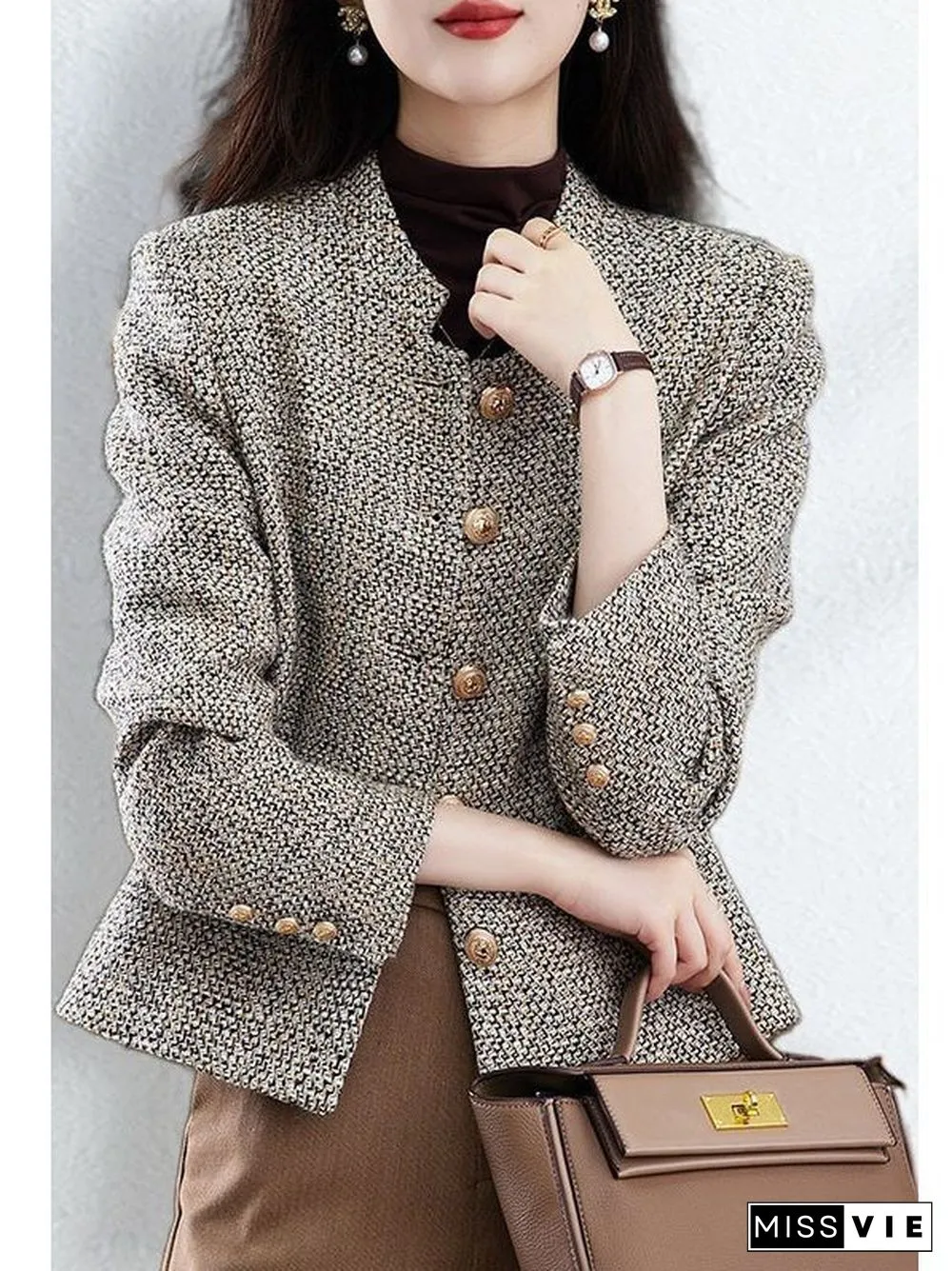 Brown Paneled Long Sleeve Plaid Knit coat