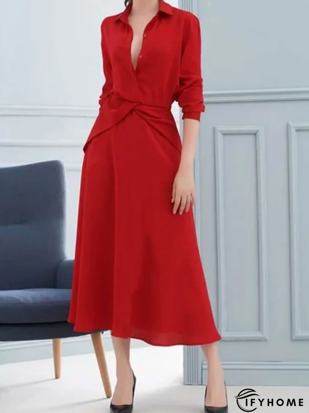 Shirt Collar Plain Elegant Maxi Dress | IFYHOME