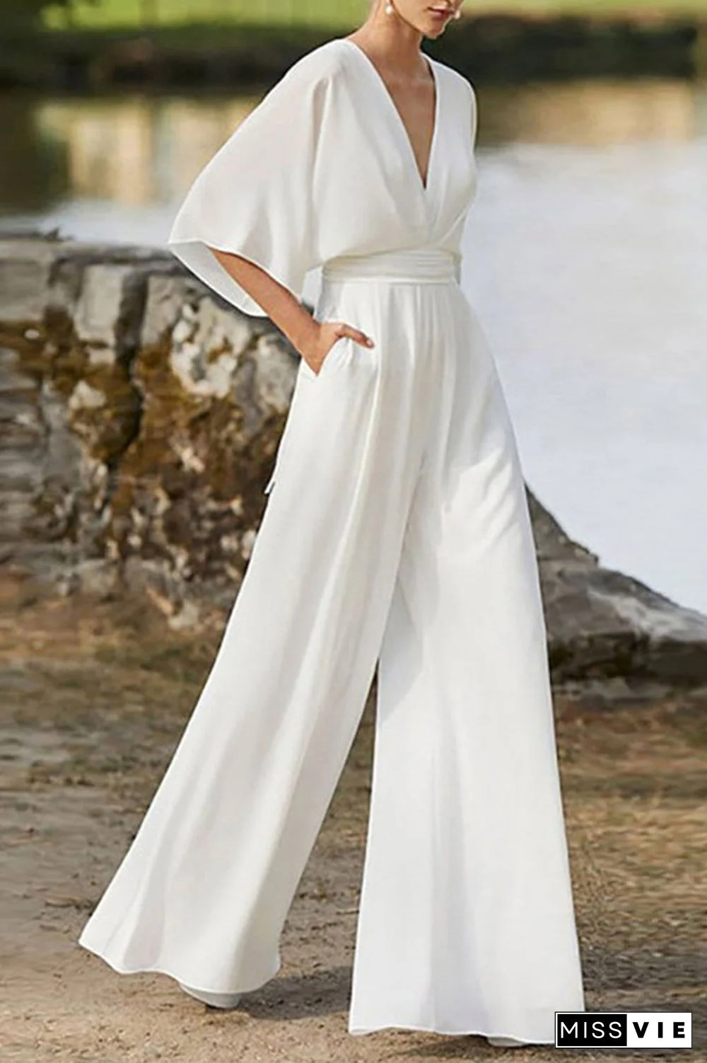Elegant Solid Color V Neck Boot Cut Jumpsuits(7 Colors)