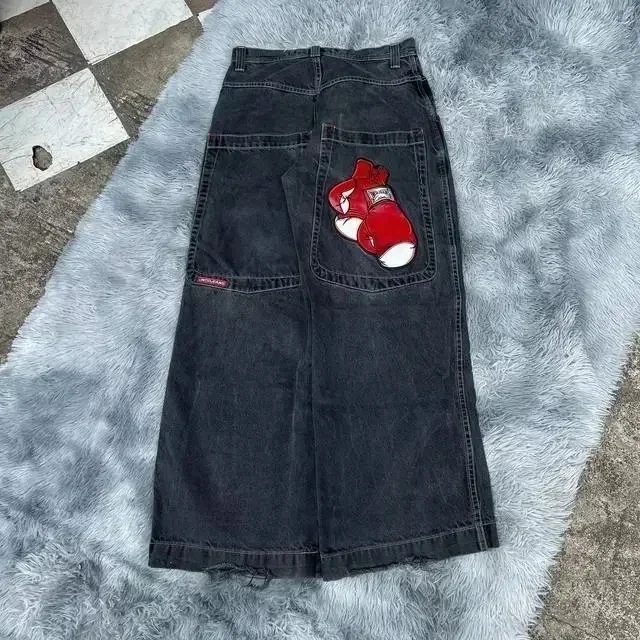 Magibyte fall outfits women American  Big Pocket Boxing Kangaroo Print Wash Wide Leg Jeans Y2K Hip Hop Street Casual Loose Denim for Men and Women Pant