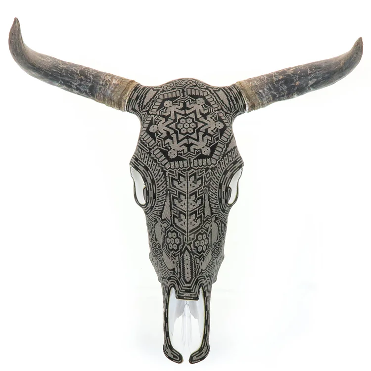 (1)Huichol Beaded Bull Skull Wall Mount Mexican Folk Art