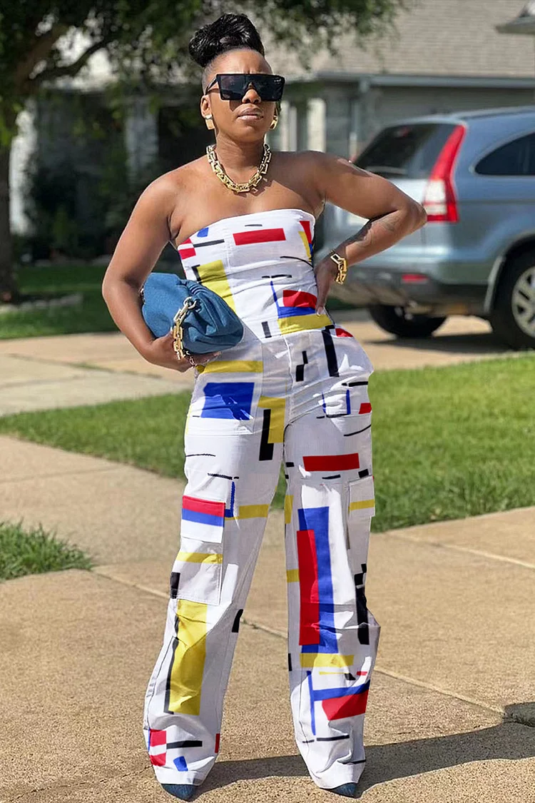 Colorblock Geometric Print Strapless Wide Leg Jumpsuit-White [Pre Order]