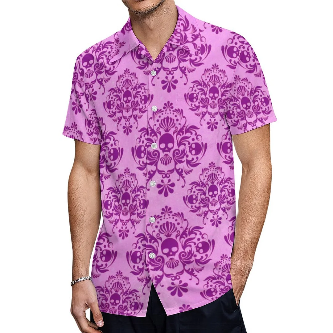 Short Sleeve Cool Purple Skull Damask Hawaiian Shirt Mens Button Down Plus Size Tropical Hawaii Beach Shirts