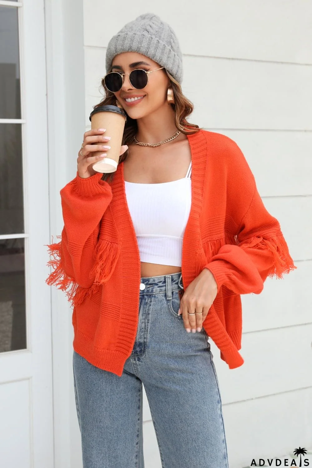 Fringe Trim Open Front Cardigan