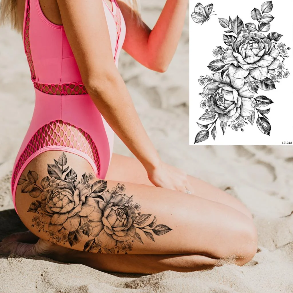 Sdrawing Large Rose FLower Temporary Tattoos For Women Adults Henna Skull Compass Snake Flower Fake Tattoo Sticker Leg Tatoos Thigh