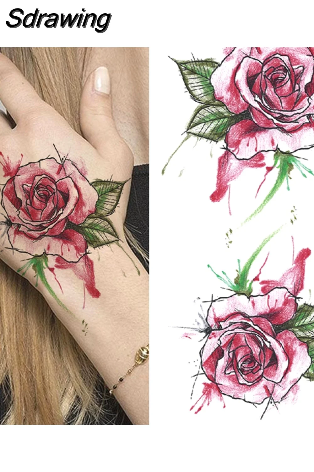 Sdrawing Fake Peony Temporary Tattoos For Women Girl Black Rose Elephant Flower Tattoo Sticker Tiger Anemone Tatoos Half Sleeve 521-1