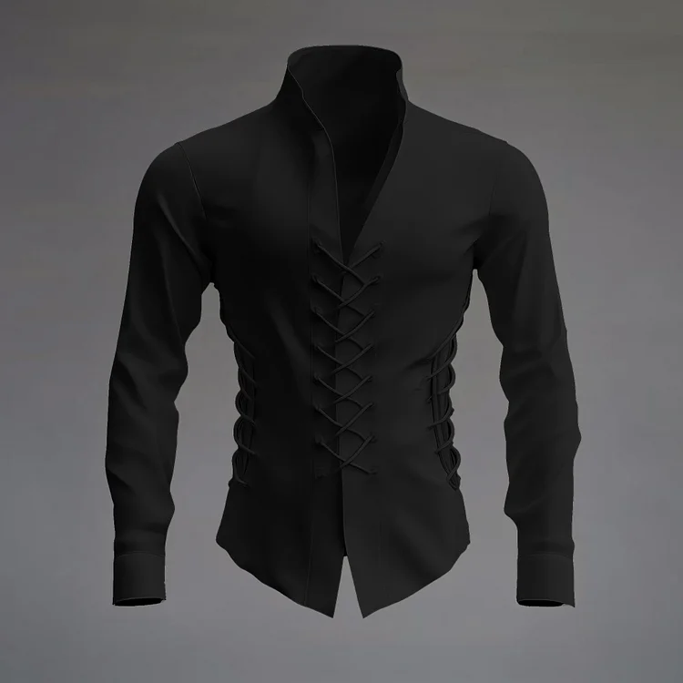 Okaywear Solid Stand Collar Long Sleeve Strappy Shirt 