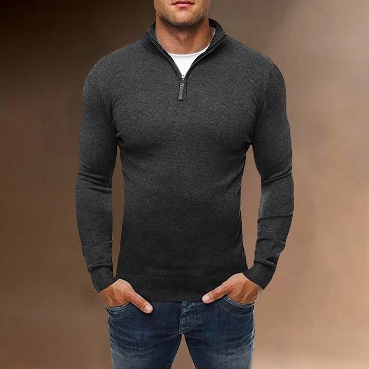 BrosWear Fall Winter Casual Slim Fit High Neck Knit Zipper Collar Sweater gray