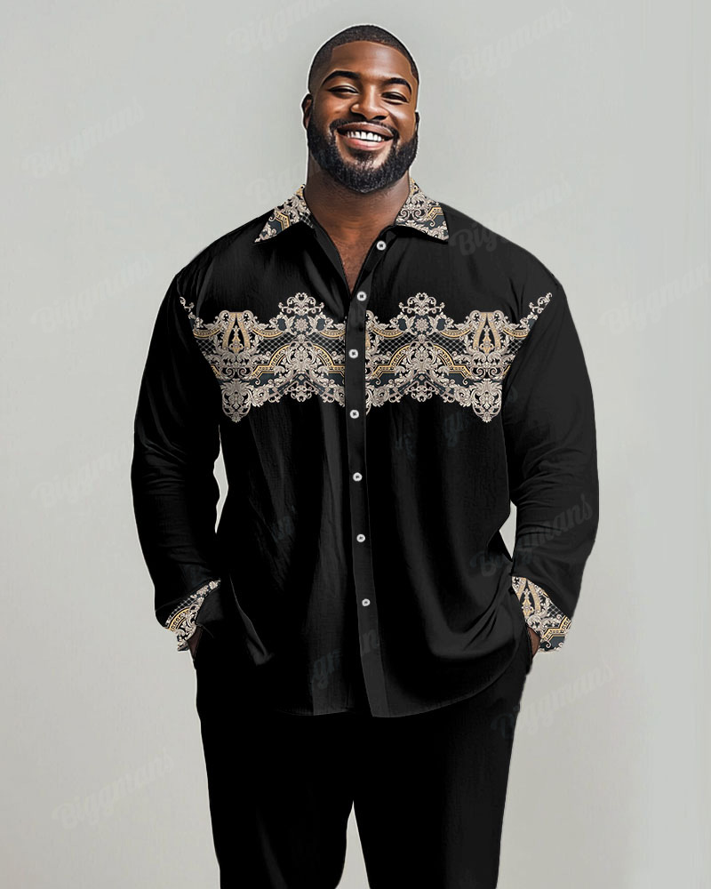 Men's Plus Size Vintage Luxury Classical Pattern Print Lassel Long Sleeve Shirt